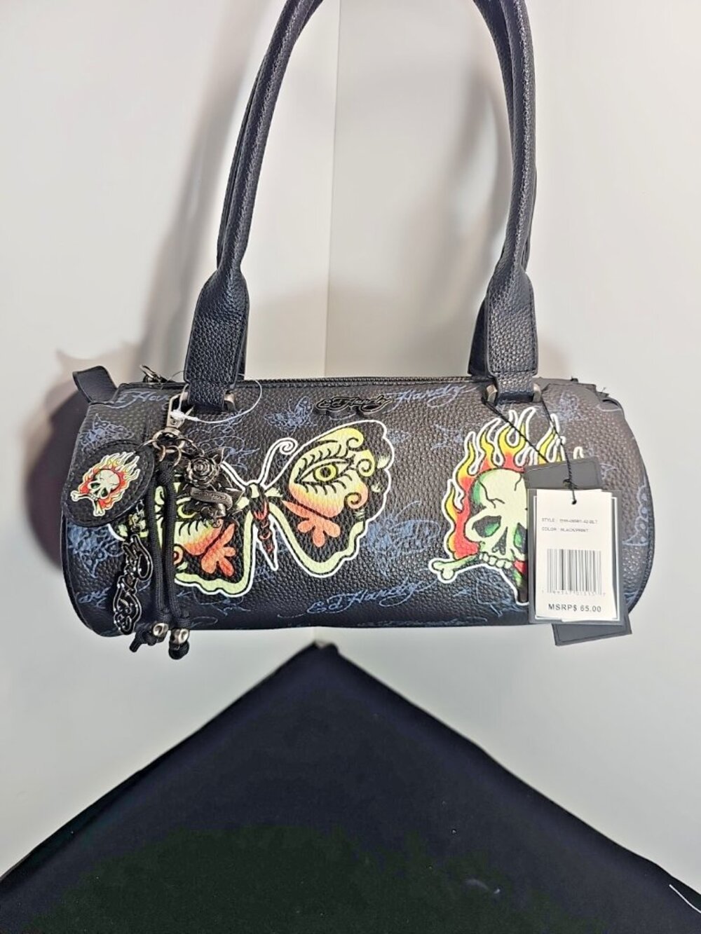 Ed Hardy EHH-085R1-42-BLT Skull/Butterfly Tattoo Black Barrel Shoulder Bag